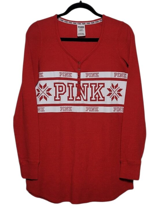 PINK Victoria's Secret Other - Victoria's Secret PINK Red Snowflake Thermal Henley Sleep Shirt Size Medium